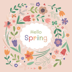 Spring vintage background with typography. Hello, spring. Banner, greeting card, poster, invitation template, flyer. Vector illustration with flowers, leaves, hearts and butterflies.