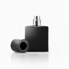 Bottle of Perfume. Men's Eau De Parfum in Beautiful  black bottle Isolated on white. Fragrance for Men. Perfume Spray. Modern Luxury Parfum De Toilette 
