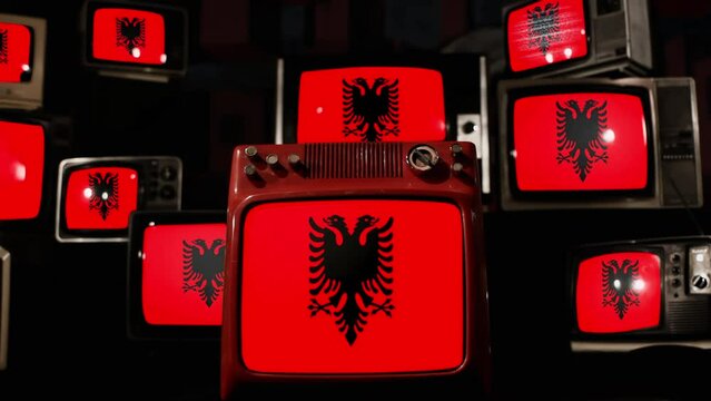 Flag of Albania and Vintage Televisions. 4K Resolution.