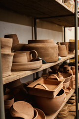 Shelves with bowls, plates, jars, teapots, etc. made in clay in natural raw color until the final painting. Crafts in clay.