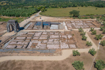 Aerial view of ruins of roman town Caparra in Spain.