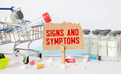 paper plate with text SIGNS AND SYMPTOMS, medical concept