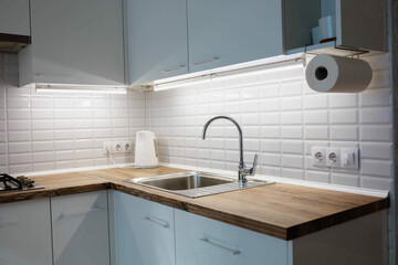 solid wood worktop, kitchen interior.