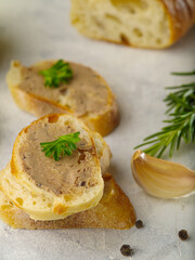 Foie gras on baguette pieces, garnished with parsley leaves, garlic and rosemary sprig on a white background. Close-up. French cuisine. Food for gourmets. Restaurant, hotel, banquet.