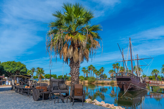 Replicas Of Columbus Ships Nina, Pinta And Santa Maria At Muelle De Las Carabelas In Spain.