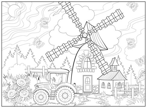 Rural landscape with windmill and tractor. Coloring book for children and adults. Image in zentangle style. Printable page for drawing and meditation. Black and white vector illustration.