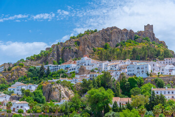 Panorama view of Spanish town Zahara de la Sierra. - obrazy, fototapety, plakaty