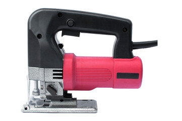 Photo of an electric jigsaw on a white background. Tool for shape cutting of material. Necessary equipment for repair and construction. An adult toy for a man. A gift to husband.