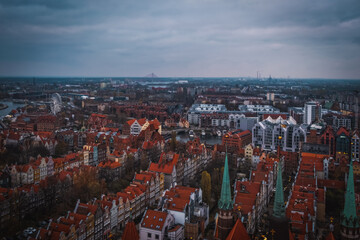 Top panoramic view of beautiful architecture of the old town in Gdansk, Poland. November 2021