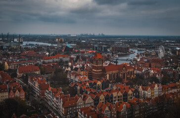 Fototapeta premium Top panoramic view of beautiful architecture of the old town in Gdansk, Poland. November 2021