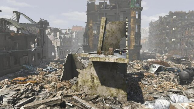 Conceptual war footage depicting the old town of a major city ravaged and razed to the ground by conflict, including destroyed buildings, cars and armored vehicles