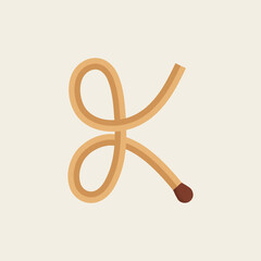 K letter made with match. Vector wooden matchstick isolated font