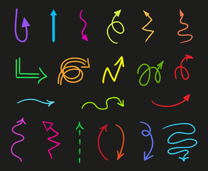 Colored infographic elements on isolated black background. Hand drawn simple arrows. Line art. Set of different pointers. Abstract indicators. Doodles for work. Art creation