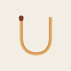 U letter made with match. Vector wooden matchstick isolated font