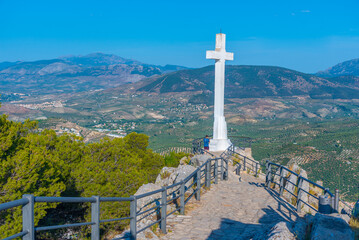 Cruz del Castillo de Santa Catalina overlooking Spanish town Jaen.