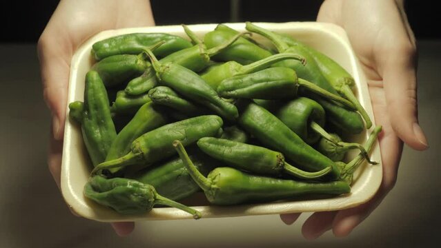 Traditional Spanish padron green peppers close-up, tapas, catalan dish. Hands holding bowl with fresh spicy vegetables. 