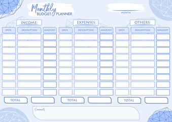 Monthly budget planner with abstract sybmols line art style blue color