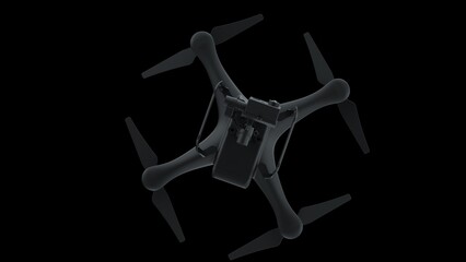 Powerful  black drone loaded with some of most advanced imaging and flight technologies under black background. Concept image of video production, agriculture solution and public safety. 3D CG.