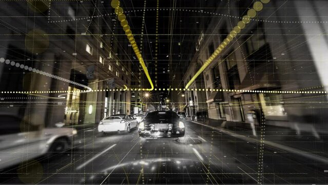 City streets at night in hyper speed with grid pattern