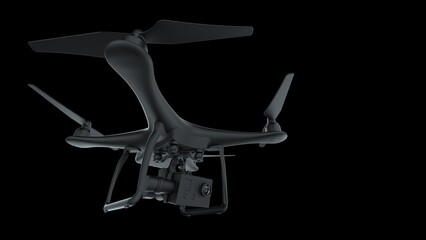 Powerful  black drone loaded with some of most advanced imaging and flight technologies under black background. Concept image of video production, agriculture solution and public safety. 3D CG.