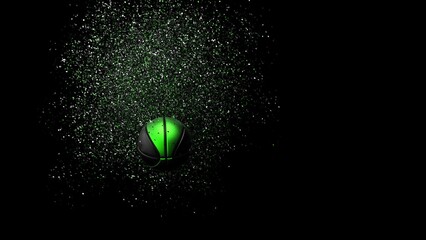 Green-black Basketball with Rotation Particles under spot lighting background. 3D illustration. 3D high quality rendering. 