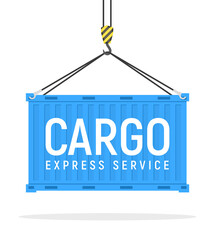 Cargo vector crane blue box flat illustration. Cargo metal box storage design side view on white