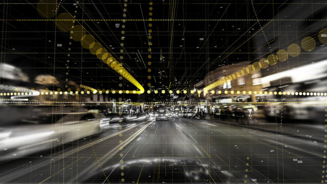 City streets at night with blurred motion and grid pattern