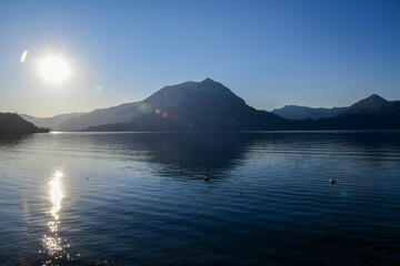 Beautiful sunset view of Alp Mountains silhouette at Lake Como, Italy.