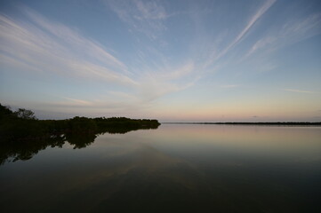Ethereal high altitude clouds at dusk over West Lake in Everglades National Park, Florida