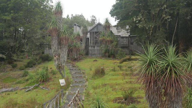zoom in on a reconstruction of the historic waldheim chalet at cradle mountain at cradle mountain national park in tasmania, australia