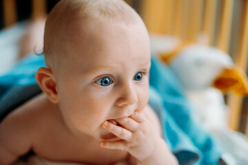 Cute crawling baby with blue eyes.