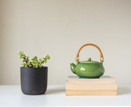 Close of pot plant and green teapot on books against beige wall (selective focus)