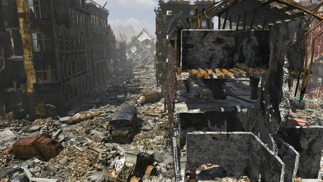 Conceptual war footage depicting the old town of a major city ravaged and razed to the ground by conflict, including destroyed buildings, cars and armored vehicles