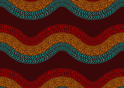 african textile art curvy zig zag and circle point seamless pattern, textile art, fashion background artwork for print, vector file eps10.