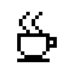 Black pixel coffee cup in retro style. Pixel art. Vector illustration. stock image.
