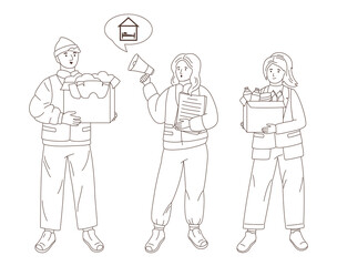 Volunteers with donations, assistance resettlement volunteering concept. Doodle helping poor refugees. Charity diverse young people, altruistic activity character. Outline philanthropy, kindness