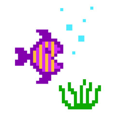 Pixel fish in seaweed. Game location. Underwater life. Vector illustration. stock image. 