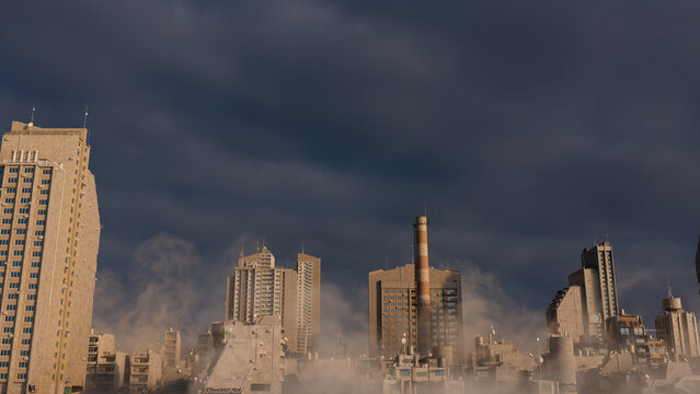 Concrete Cityscape. Soviet Modernist Buildings against a Stormy Morning Sky.