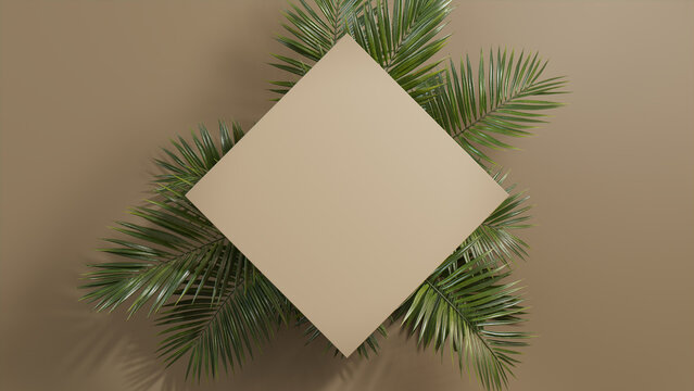 Diamond Botanical Frame with Palm Plant Border. Beige, Natural Design with copy space.