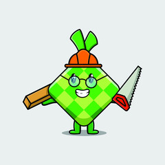 Cute cartoon ketupat as carpenter character with saw and wood in 3d modern style design
