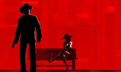 3d render illustration of noir style detective or gangster male in suit, hat and gun with sexy lady sitting on red toned street night background. - obrazy, fototapety, plakaty