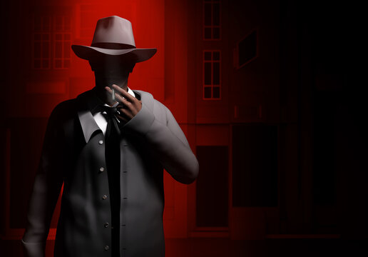 3d render illustration of noir style detective or gangster male in suit and hat standing and smoking on neon red street night background.