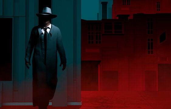 3d render illustration of noir style detective or gangster male in suit and hat standing on neon street night background.