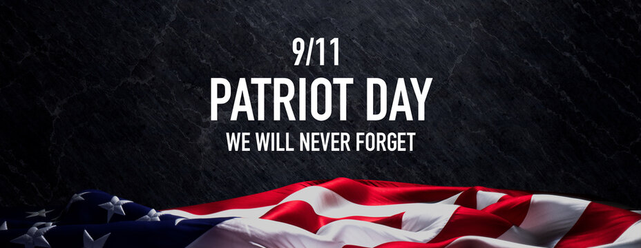 Patriot Day Banner with American Flag and Black Stone Background.