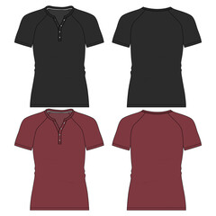 Raglan Short sleeve T shirt Technical Fashion flat sketch vector illustration Black, Red Color template front and back views. Apparel Design Mock up Cad.
