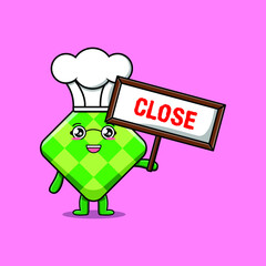 Cute cartoon ketupat chef character holding close sign designs in concept 3d cartoon style
