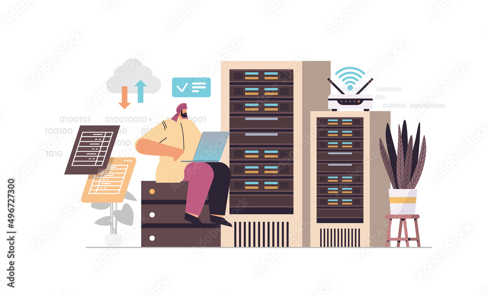 Poster arab businessman working in data center room hosting server computer monitoring information database