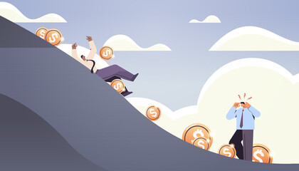 frustrated businesspeople and dollar coins falling into abyss downward arrow devaluation financial crisis bankruptcy