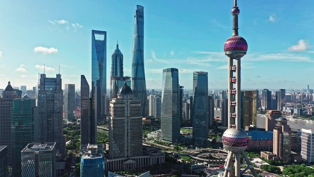 Aerial footage of modern commercial buildings and skyline in Shanghai, China. 