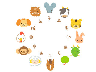 Obraz premium かわいいお正月の十二支動物と文字セット／手描きイラスト